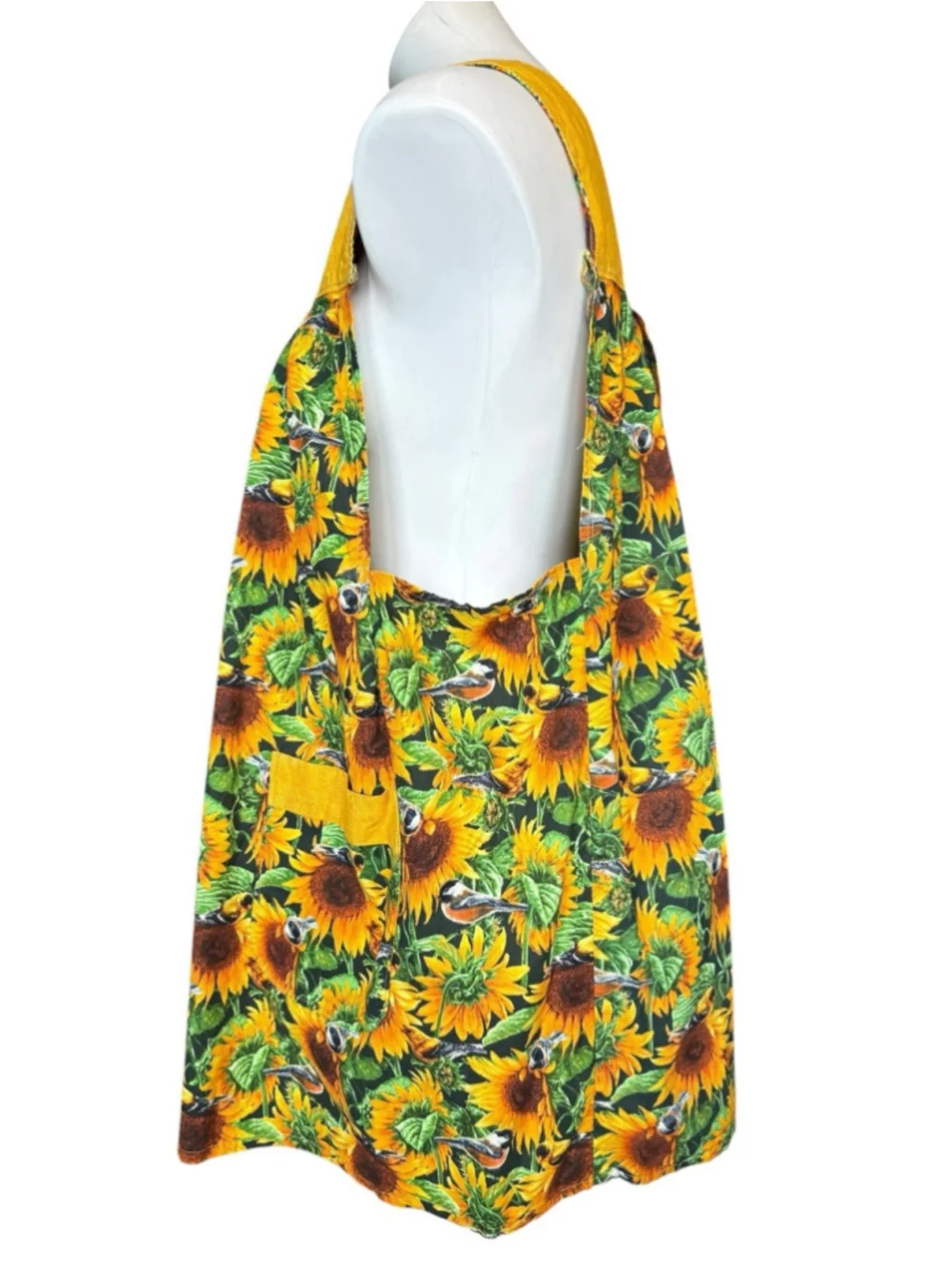 Handmade Sunflower Bird Print Smock Apron Pinafore Open Back Pockets Vintage